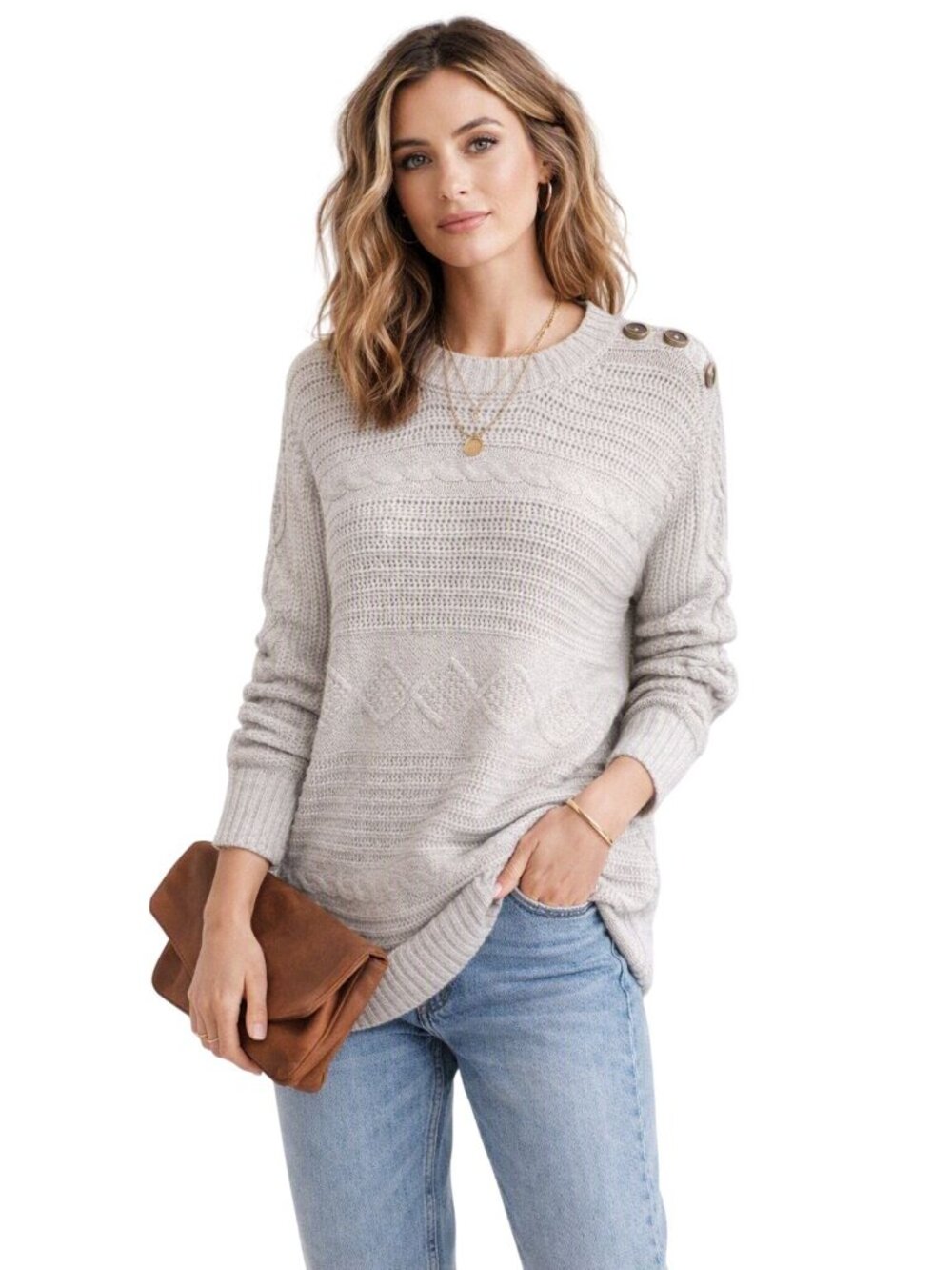 G.H. Bass & Co Grey Long Sleeve Soft Cable Knit Tunic Casual Boho Sweater